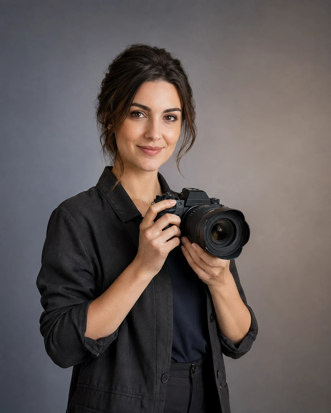 Professional photographer looking forward and holding a mirrorless camera